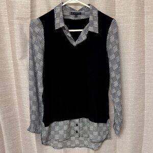 Adrianna Papell Faux Layered Plaid Button Down with Black Vest Overlay